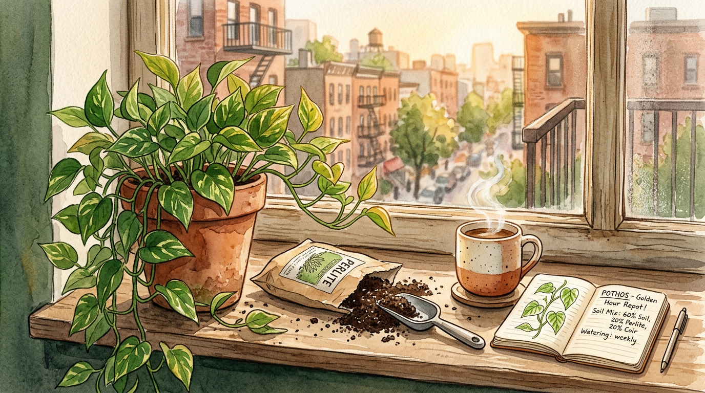 An apartment windowsill in warm morning light with a thriving pothos in a terracotta pot, a scoop of potting mix on the wooden counter