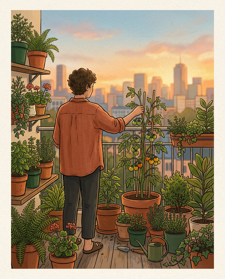 Person tending to plants on an apartment balcony