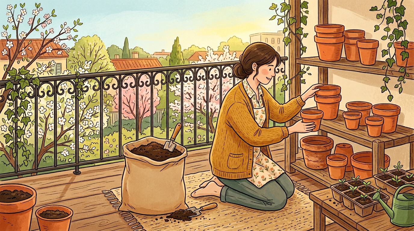 Balcony spring preparation with pots and seedlings